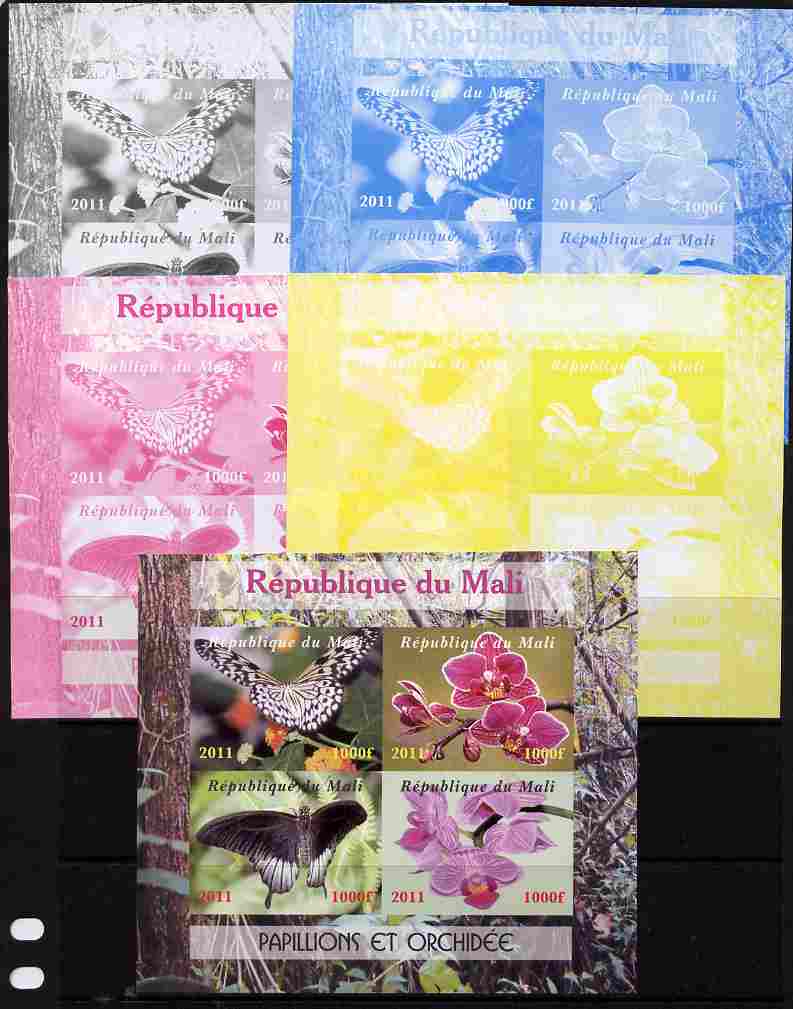 Mali 2011 Butterflies & Orchids sheetlet containing 4 values - the set of 5 imperf progressive proofs comprising the 4 individual colours plus all 4-colour composite, unm..., stamps on butterflies, stamps on flowers, stamps on orchids