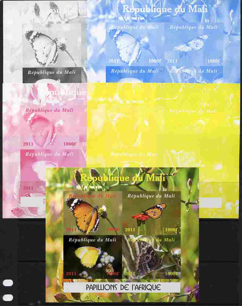 Mali 2011 Butterflies of Africa sheetlet containing 4 values - the set of 5 imperf progressive proofs comprising the 4 individual colours plus all 4-colour composite, unm..., stamps on butterflies