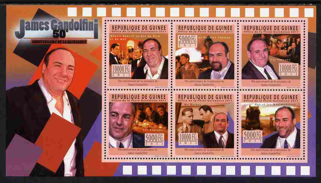 Guinea - Conakry 2011 50th Birth Anniversary of James Gandolfini perf sheetlet containing 6 values unmounted mint Michel 8474-79, stamps on , stamps on  stamps on personalities, stamps on  stamps on films, stamps on  stamps on cinema, stamps on  stamps on movies, stamps on  stamps on  tv , stamps on  stamps on mafia