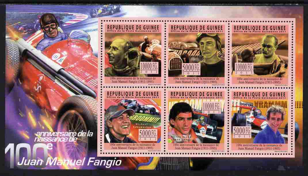 Guinea - Conakry 2011 Birth Centenary of Juan Manuel Fangio perf sheetlet containing 6 values unmounted mint Michel 8418-23, stamps on , stamps on  stamps on personalities, stamps on  stamps on racing cars, stamps on  stamps on  f1 , stamps on  stamps on formula 1, stamps on  stamps on 