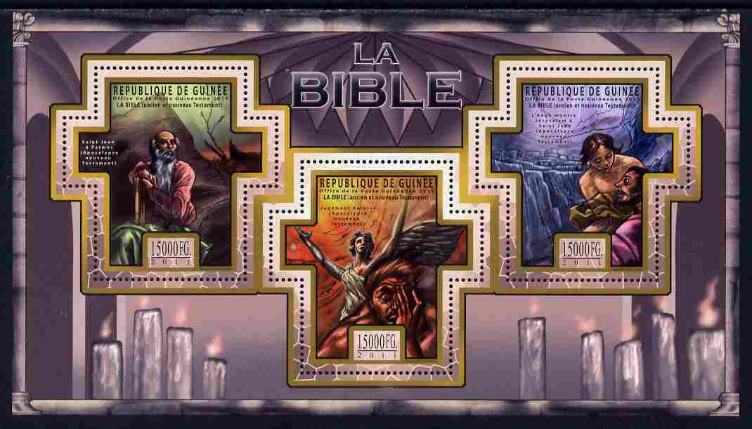 Guinea - Conakry 2011 The Bible #5 perf sheetlet containing 3 Cross shaped values unmounted mint Michel 8514-16, stamps on , stamps on  stamps on religion, stamps on  stamps on bible, stamps on  stamps on shaped, stamps on  stamps on judaism, stamps on  stamps on judaica