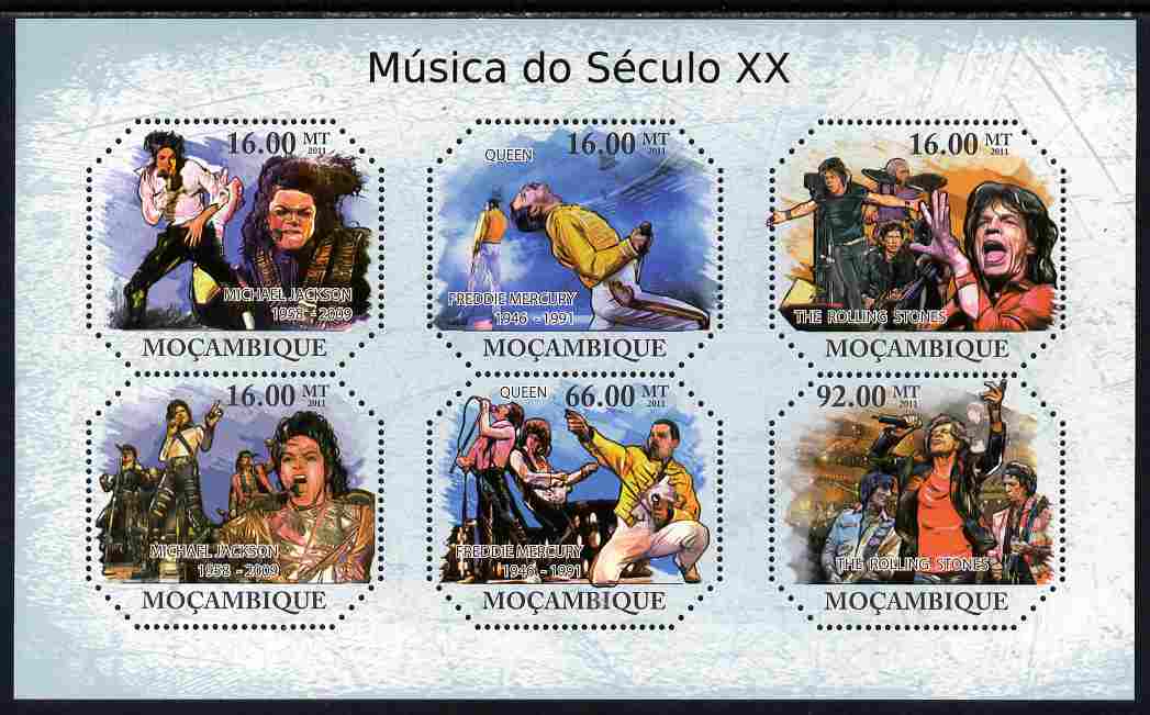 Mozambique 2011 Music of the 20th Century perf sheetlet containing six octagonal shaped values unmounted mint , stamps on shaped, stamps on music, stamps on jackson, stamps on stones, stamps on pops, stamps on rock