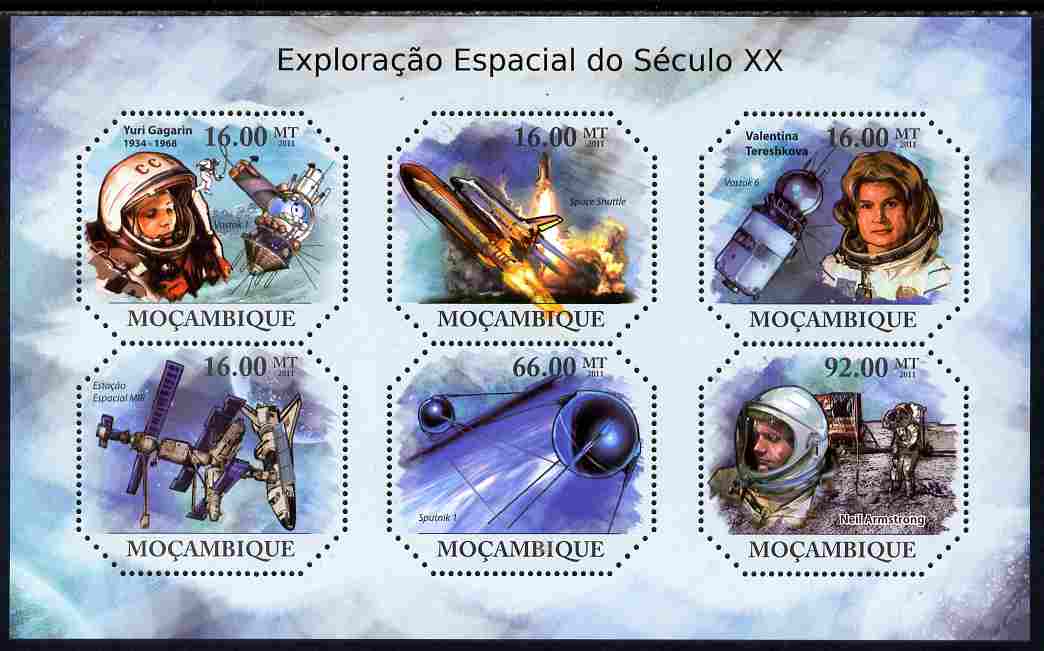 Mozambique 2011 Space Exploration perf sheetlet containing six octagonal shaped values unmounted mint , stamps on , stamps on  stamps on shaped, stamps on  stamps on space, stamps on  stamps on gagarin, stamps on  stamps on apollo, stamps on  stamps on satellites, stamps on  stamps on shuttle, stamps on  stamps on rockets, stamps on  stamps on 