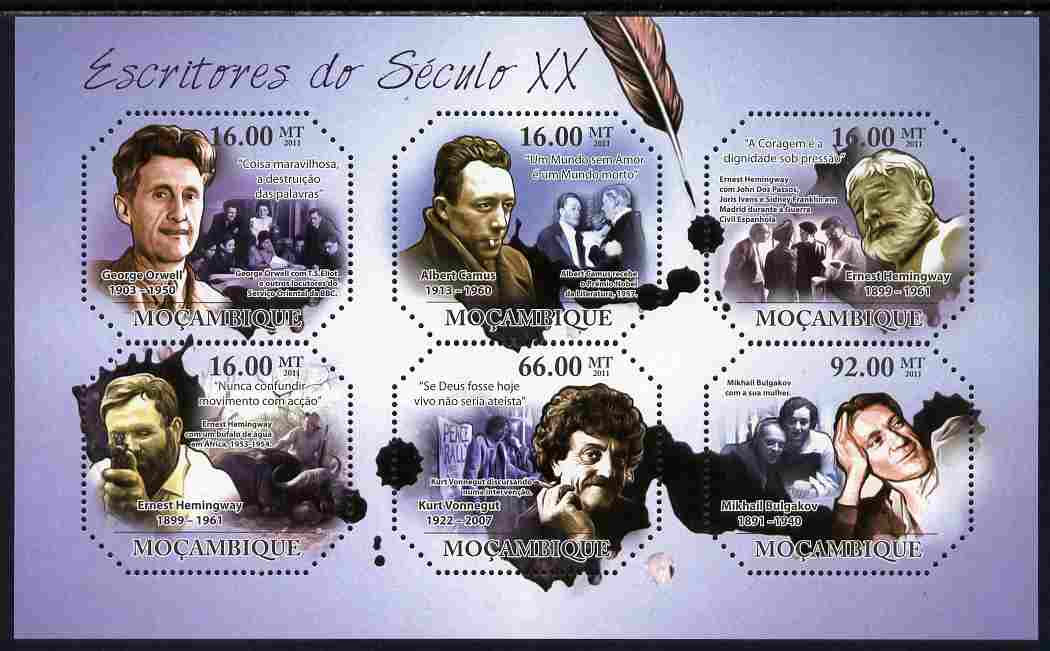 Mozambique 2011 Writers of the 20th Century perf sheetlet containing six octagonal shaped values unmounted mint , stamps on , stamps on  stamps on shaped, stamps on  stamps on personalities, stamps on  stamps on literature, stamps on  stamps on orwell
