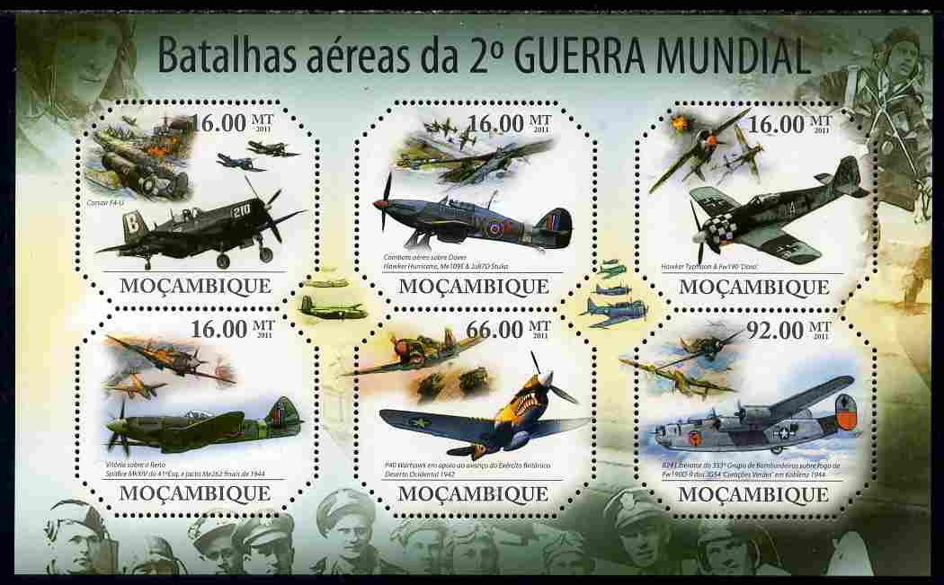Mozambique 2011 Aircraft of WW2 perf sheetlet containing six octagonal shaped values unmounted mint , stamps on shaped, stamps on personalities, stamps on  ww2 , stamps on aviation, stamps on spitfires, stamps on hurricane