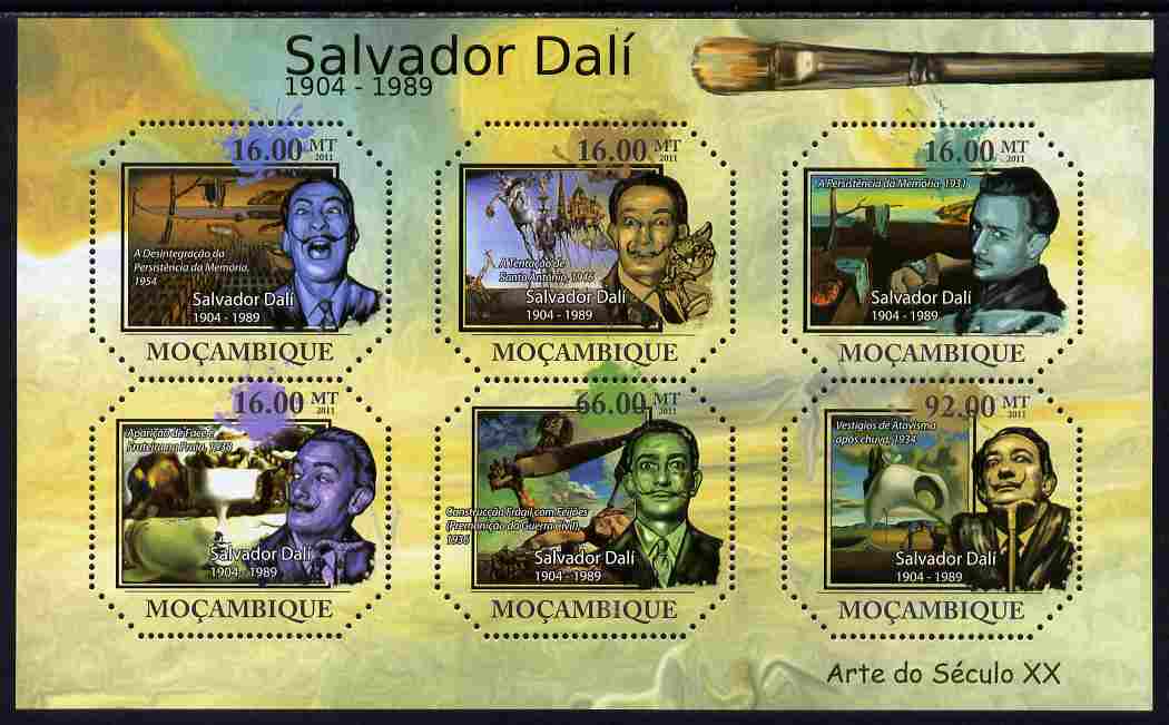 Mozambique 2011 Paintings by Salvador Dali perf sheetlet containing six octagonal shaped values unmounted mint , stamps on , stamps on  stamps on shaped, stamps on  stamps on personalities, stamps on  stamps on arts, stamps on  stamps on dali, stamps on  stamps on 