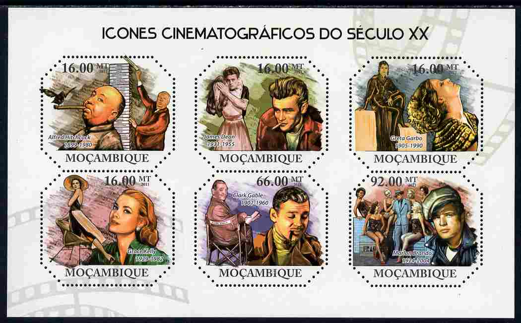 Mozambique 2011 Cinema Icons of the 20th Century perf sheetlet containing six octagonal shaped values unmounted mint , stamps on , stamps on  stamps on shaped, stamps on  stamps on personalities, stamps on  stamps on films, stamps on  stamps on movies, stamps on  stamps on cinema, stamps on  stamps on dean, stamps on  stamps on brando