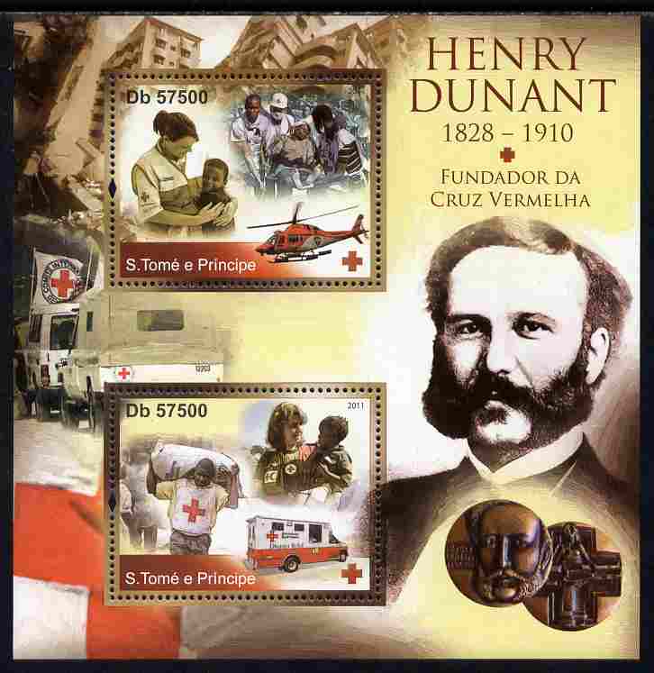 St Thomas & Prince Islands 2011 Henry Dunant & Red Cross perf sheetlet containing 2 values unmounted mint , stamps on , stamps on  stamps on personalities, stamps on  stamps on red cross, stamps on  stamps on helicopters, stamps on  stamps on ambulances, stamps on  stamps on 