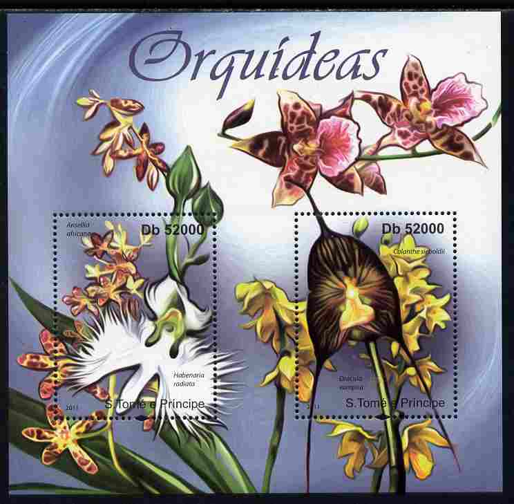 St Thomas & Prince Islands 2011 Orchids perf sheetlet containing 2 values unmounted mint , stamps on flowers, stamps on orchids