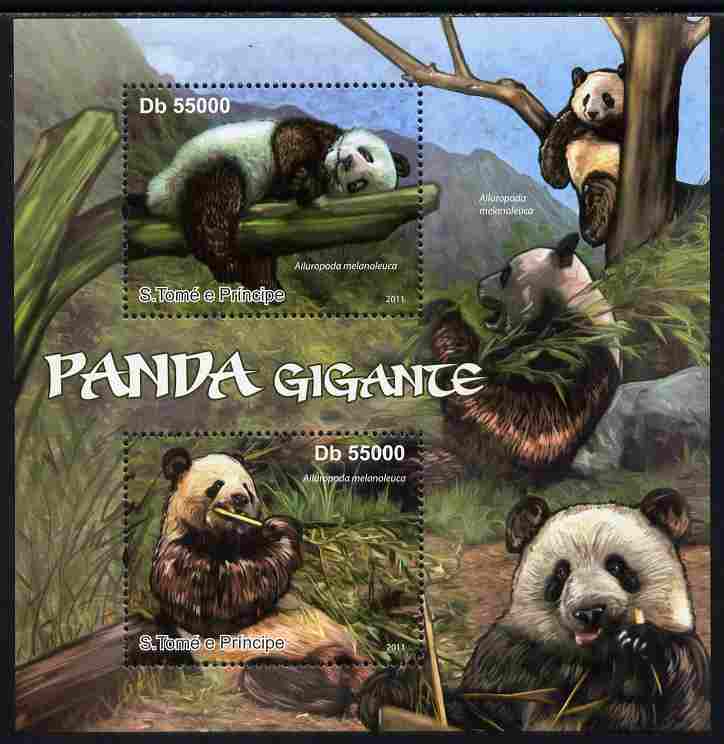 St Thomas & Prince Islands 2011 Giant Pandas perf sheetlet containing 2 values unmounted mint , stamps on animals, stamps on bears, stamps on pandas