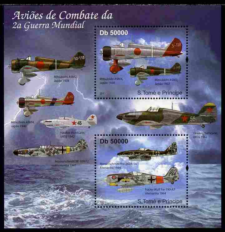 St Thomas & Prince Islands 2011 Aircraft of WW2 perf sheetlet containing 2 values unmounted mint , stamps on , stamps on  stamps on aviation, stamps on  stamps on  ww2 , stamps on  stamps on 