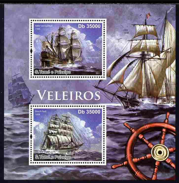 St Thomas & Prince Islands 2011 Sailing Ships perf sheetlet containing 2 values unmounted mint , stamps on , stamps on  stamps on ships
