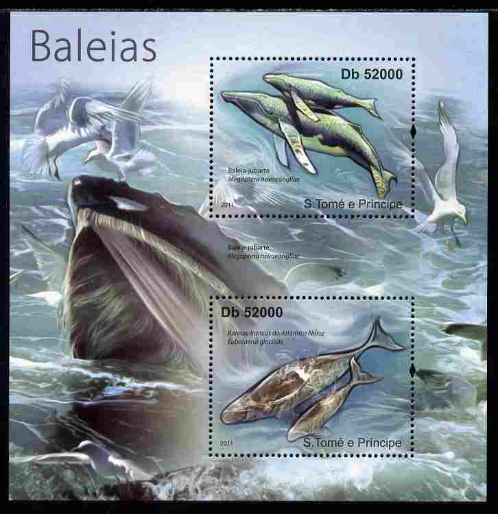 St Thomas & Prince Islands 2011 Whales perf sheetlet containing 2 values unmounted mint , stamps on , stamps on  stamps on marine life, stamps on  stamps on whales