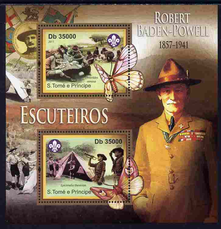 St Thomas & Prince Islands 2011 Baden Powell & Scouts perf sheetlet containing 2 values unmounted mint , stamps on , stamps on  stamps on personalities, stamps on  stamps on scouts, stamps on  stamps on butterflies