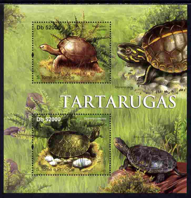 St Thomas & Prince Islands 2011 Turtles perf sheetlet containing 2 values unmounted mint , stamps on reptiles, stamps on turtles