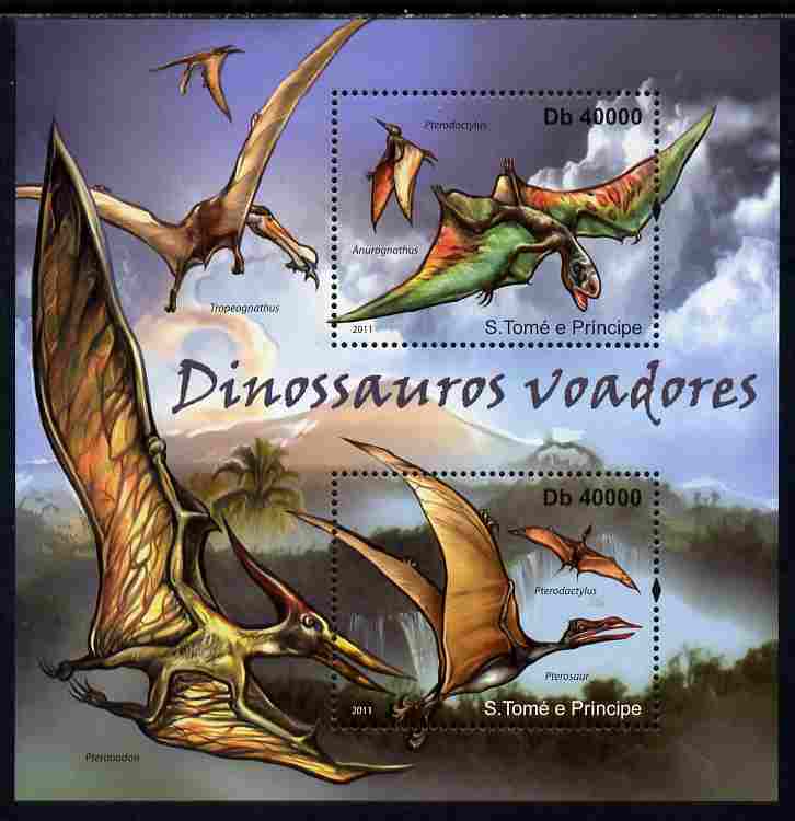 St Thomas & Prince Islands 2011 Flying Dinosaurs perf sheetlet containing 2 values unmounted mint , stamps on , stamps on  stamps on dinosaurs