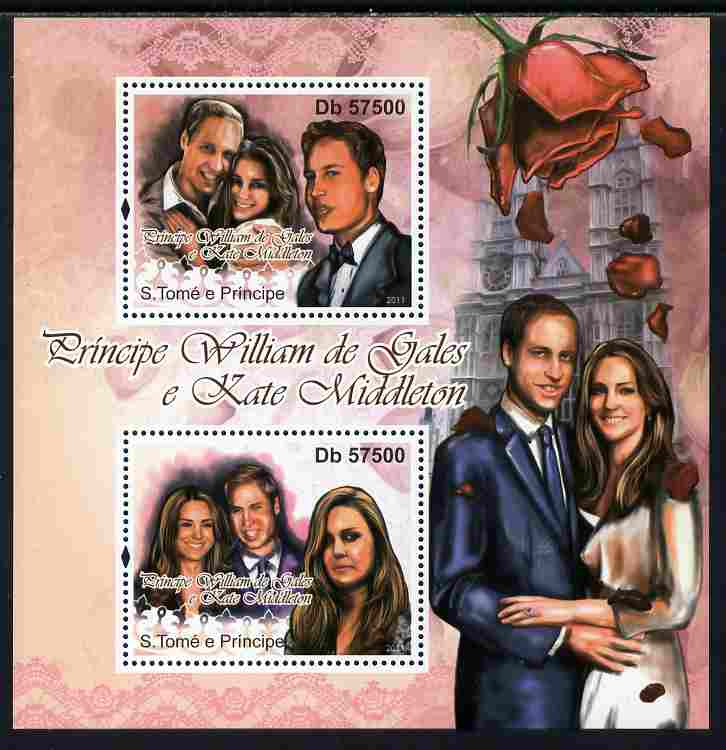 St Thomas & Prince Islands 2011 Royal Wedding - William & Kate perf sheetlet containing 2 values unmounted mint , stamps on royalty, stamps on william, stamps on kate