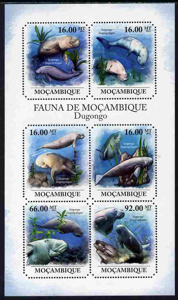 Mozambique 2011 Dugong perf sheetlet containing six octagonal shaped values unmounted mint , stamps on , stamps on  stamps on shaped, stamps on  stamps on marine life, stamps on  stamps on dugong