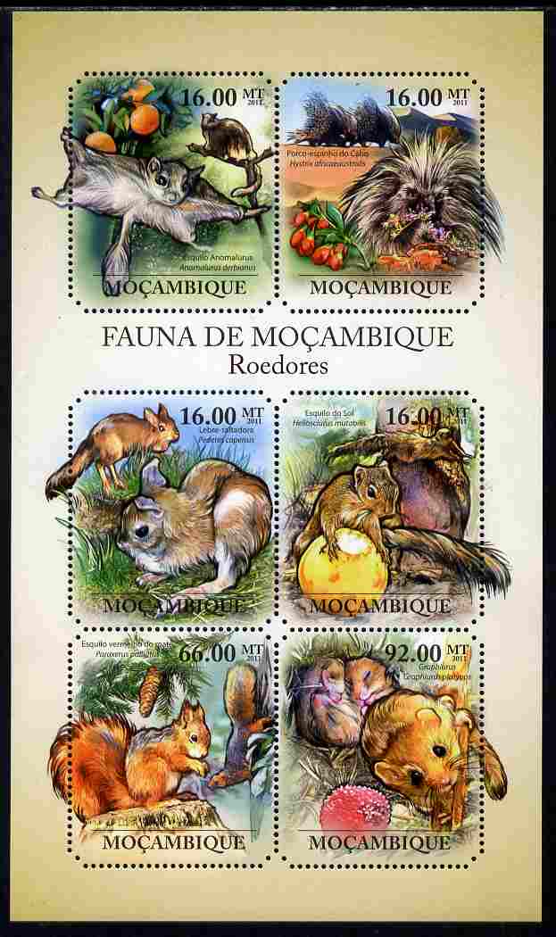 Mozambique 2011 Rodents perf sheetlet containing six octagonal shaped values unmounted mint , stamps on shaped, stamps on animals, stamps on rodents, stamps on squirrels, stamps on 