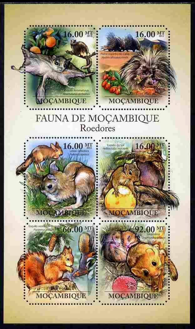 Mozambique 2011 Rodents perf sheetlet containing six octagonal shaped values unmounted mint , stamps on , stamps on  stamps on shaped, stamps on  stamps on animals, stamps on  stamps on rodents, stamps on  stamps on squirrels, stamps on  stamps on 