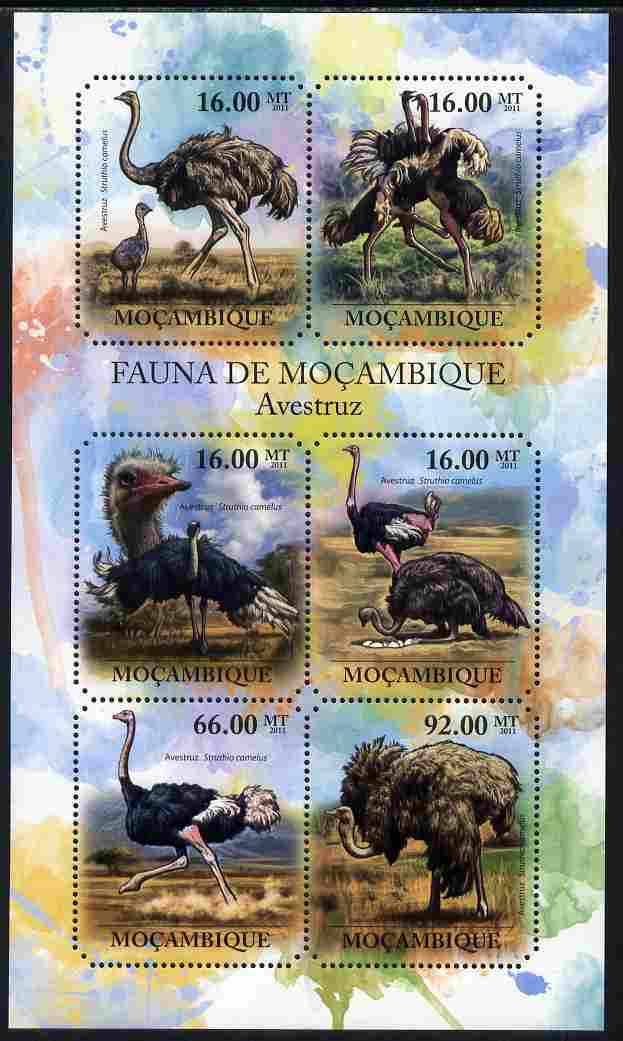 Mozambique 2011 Ostrich perf sheetlet containing six octagonal shaped values unmounted mint , stamps on , stamps on  stamps on shaped, stamps on  stamps on birds, stamps on  stamps on ostrich