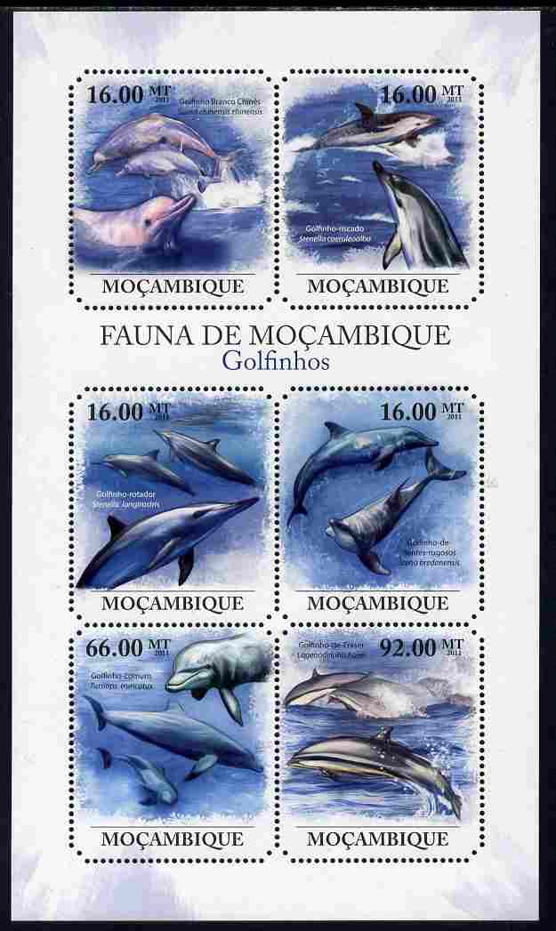 Mozambique 2011 Dolphins perf sheetlet containing six octagonal shaped values unmounted mint , stamps on shaped, stamps on marine life, stamps on dolphins