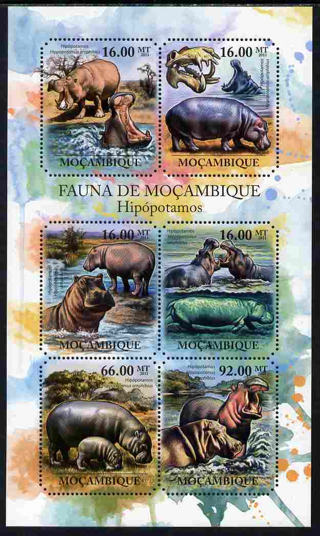 Mozambique 2011 Hippos perf sheetlet containing six octagonal shaped values unmounted mint , stamps on , stamps on  stamps on shaped, stamps on  stamps on animals, stamps on  stamps on hippos