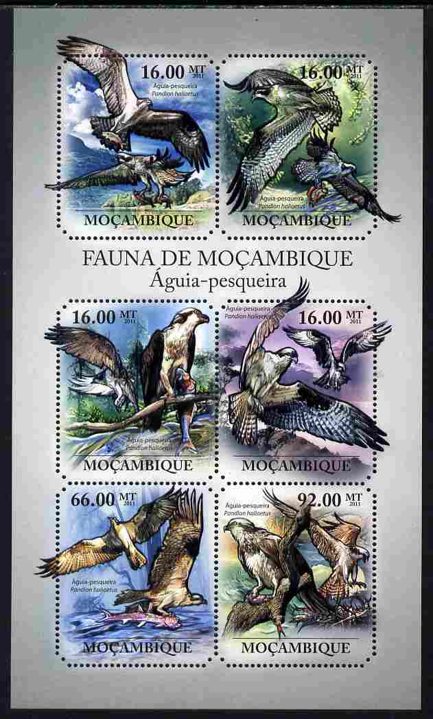 Mozambique 2011 Osprey perf sheetlet containing six octagonal shaped values unmounted mint , stamps on , stamps on  stamps on shaped, stamps on  stamps on birds, stamps on  stamps on osprey, stamps on  stamps on bird of prey