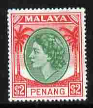 Malaya - Penang 1954-57 QEII $2 green & scarlet mounted mint SG 42, stamps on , stamps on  qeii, stamps on 