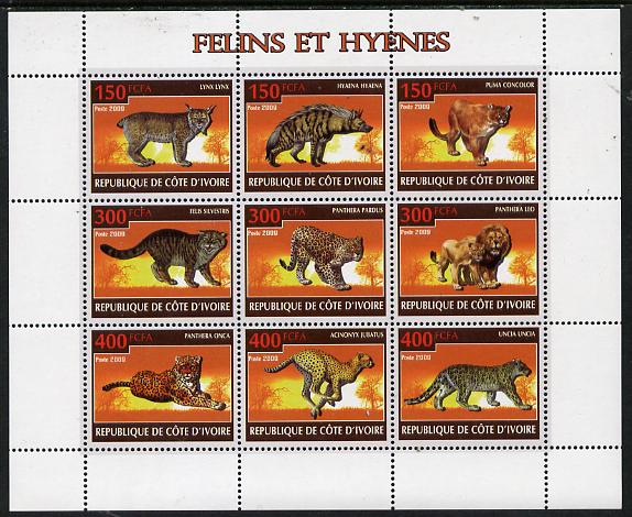 Ivory Coast 2009 Big cats & Hyenas perf sheetlet containing 9 values unmounted mint, stamps on , stamps on  stamps on animals, stamps on  stamps on cats, stamps on  stamps on dogs, stamps on  stamps on lions, stamps on  stamps on 