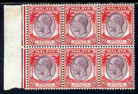 Malaya - Straits Settlements 1936-37 KG5 25c purple & scarlet marginal block of 6 lightly mounted mint SG 268, stamps on , stamps on  kg5 , stamps on 