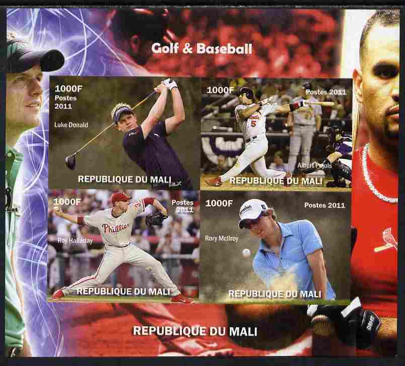 Mali 2011 Golf & Baseball imperf sheetlet containing 4 values unmounted mint. Note this item is privately produced and is offered purely on its thematic appeal, it has no..., stamps on sport, stamps on golf, stamps on baseball