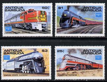 Antigua 1986 Ameripex '86 Stamp Exhibition (Famous American Trains) set of 4 unmounted mint, SG 1014-17, stamps on , stamps on  stamps on railways, stamps on  stamps on stamp exhibitions