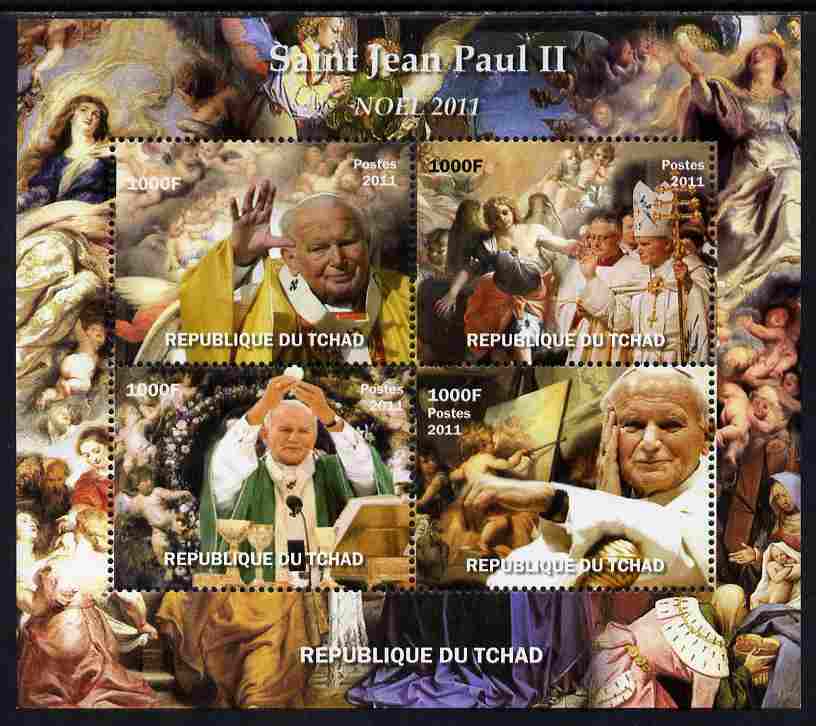 Chad 2011 St John-Paul II #2 perf sheetlet containing 4 values unmounted mint. Note this item is privately produced and is offered purely on its thematic appeal, stamps on , stamps on  stamps on personalities, stamps on  stamps on popes, stamps on  stamps on pope