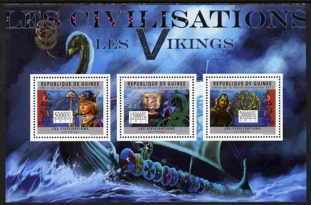 Guinea - Conakry 2011 Civilizations - The Vikings perf sheetlet containing 3 values unmounted mint, stamps on , stamps on  stamps on cultures, stamps on  stamps on vikings, stamps on  stamps on ships, stamps on  stamps on treasures