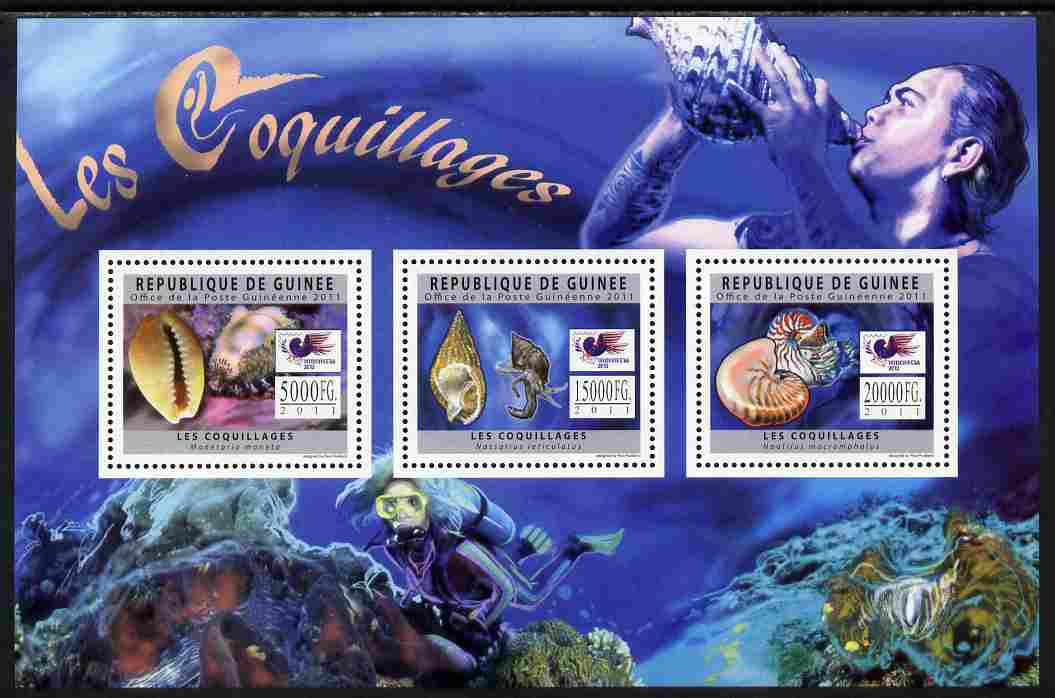 Guinea - Conakry 2011 Shells perf sheetlet containing 3 values unmounted mint, stamps on , stamps on  stamps on marine life, stamps on  stamps on shells, stamps on  stamps on scuba, stamps on  stamps on music