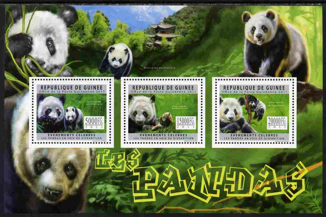 Guinea - Conakry 2011 Pandas perf sheetlet containing 3 values unmounted mint, stamps on animals, stamps on bears, stamps on pandas