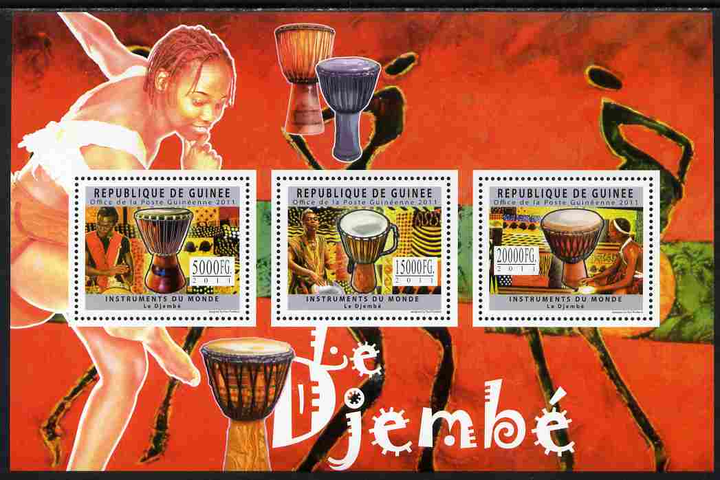 Guinea - Conakry 2011 Musical Instruments - Djembe Drums perf sheetlet containing 3 values unmounted mint, stamps on , stamps on  stamps on music, stamps on  stamps on musical instruments