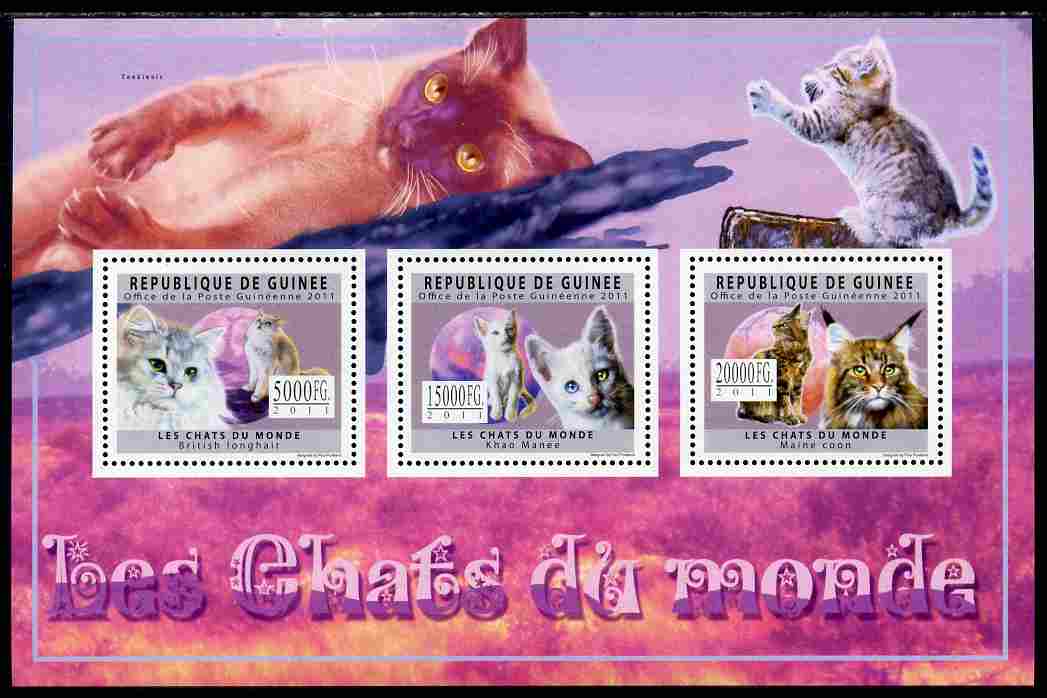 Guinea - Conakry 2011 Domestic Cats perf sheetlet containing 3 values unmounted mint, stamps on cats