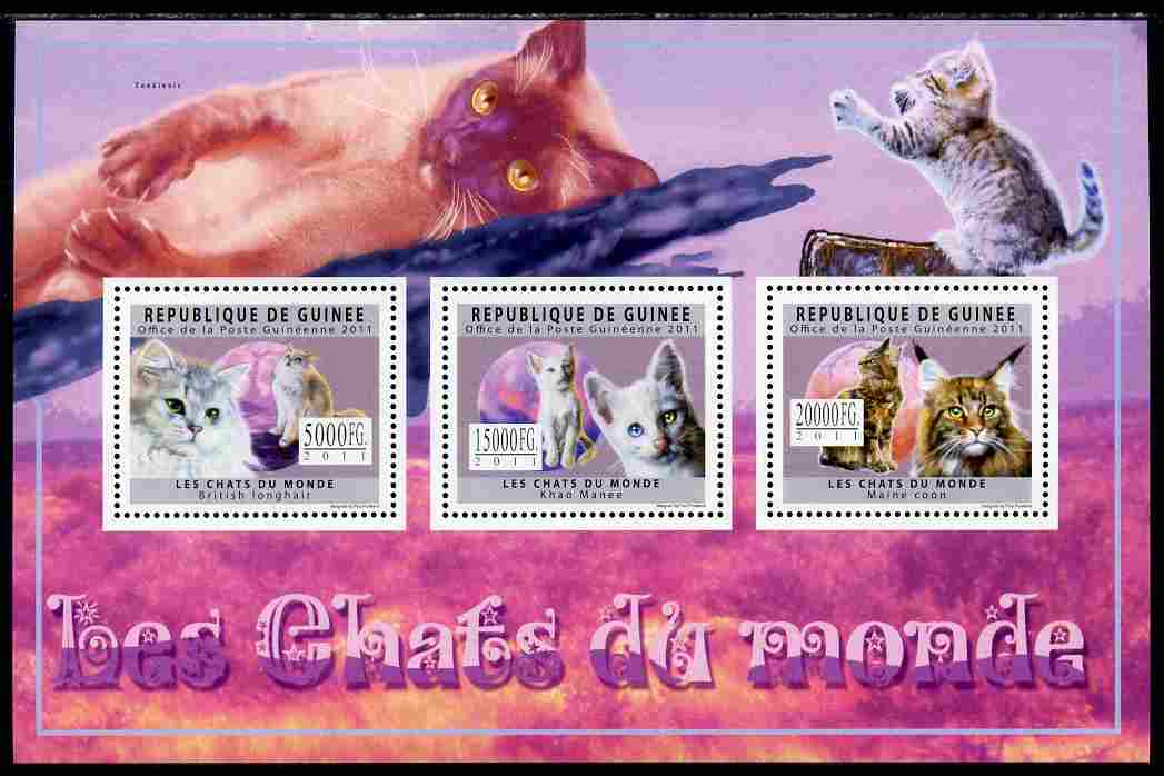 Guinea - Conakry 2011 Domestic Cats perf sheetlet containing 3 values unmounted mint, stamps on cats