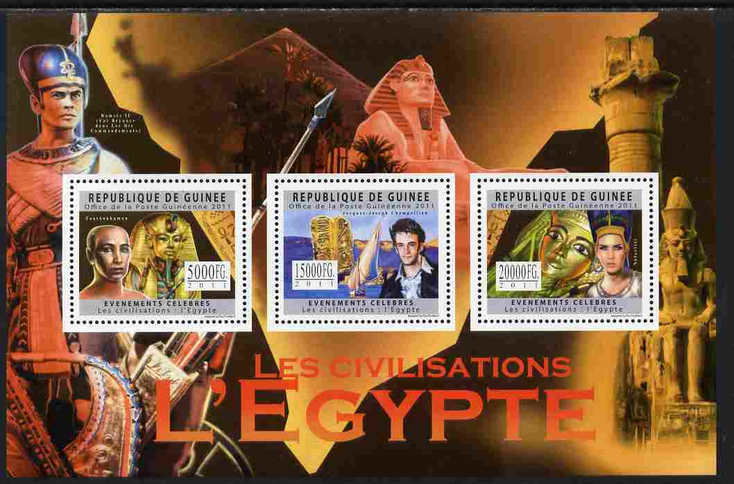 Guinea - Conakry 2011 Civilizations - The Egyptians perf sheetlet containing 3 values unmounted mint, stamps on cultures, stamps on egyptology