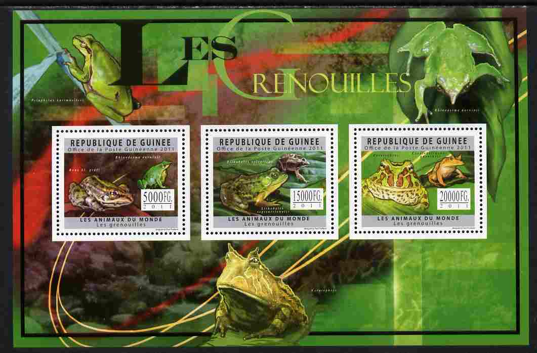 Guinea - Conakry 2011 Frogs perf sheetlet containing 3 values unmounted mint, stamps on , stamps on  stamps on amphibians, stamps on  stamps on frogs