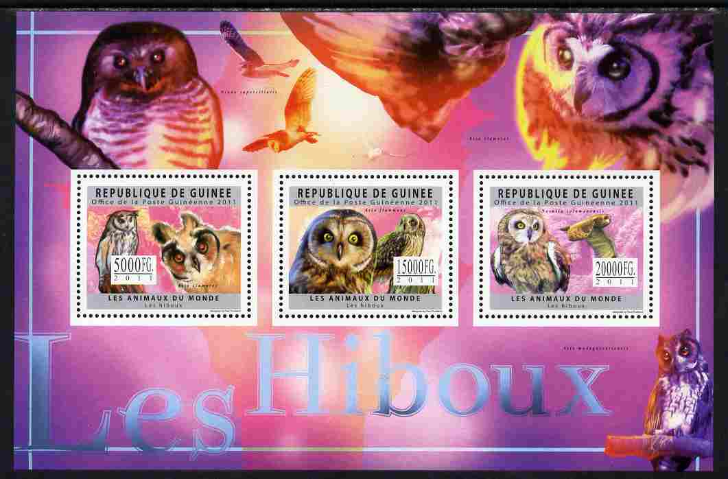 Guinea - Conakry 2011 Owls perf sheetlet containing 3 values unmounted mint, stamps on , stamps on  stamps on birds, stamps on  stamps on birds of prey, stamps on  stamps on owls