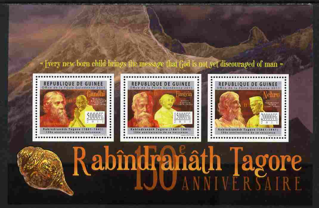 Guinea - Conakry 2011 150th Birth Anniversary of Rabindranath Tagore perf sheetlet containing 3 values unmounted mint, stamps on literature, stamps on tagore