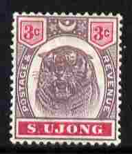 Malaya - Sungei Ujong 1895 Tiger 3c purple & carmine mounted mint SG 55, stamps on , stamps on  qv , stamps on tiger, stamps on tigers