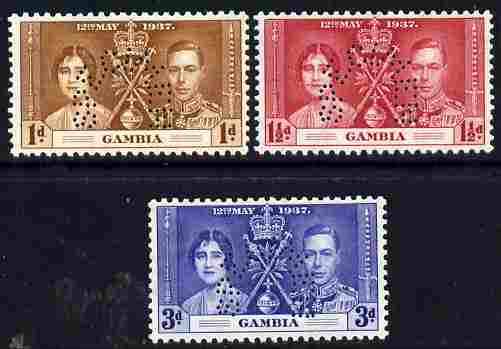 Gambia 1937 KG6 Coronatio set of 3 perforated SPECIMEN fine with gum and only 415 produced, stamps on , stamps on  stamps on coronation, stamps on  stamps on  kg6 , stamps on  stamps on royalty, stamps on  stamps on specimen