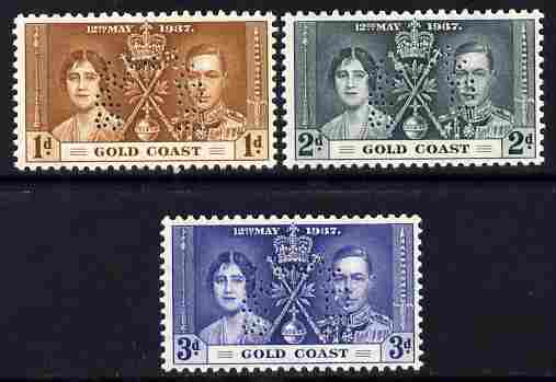 Gold Coast 1937 KG6 Coronatio set of 3 perforated SPECIMEN fine with gum and only 415 produced, stamps on coronation, stamps on  kg6 , stamps on royalty, stamps on specimen