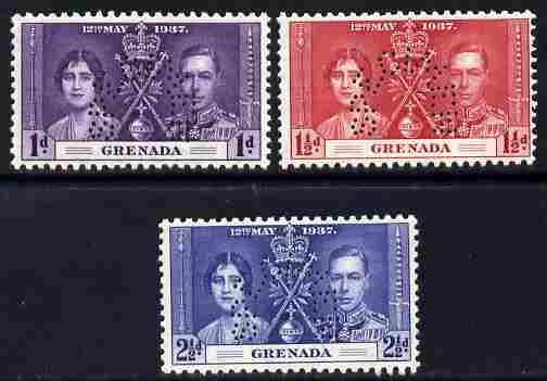 Grenada 1937 KG6 Coronatio set of 3 perforated SPECIMEN fine with gum and only 415 produced, stamps on coronation, stamps on  kg6 , stamps on royalty, stamps on specimen