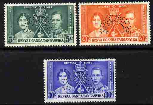 Kenya, Uganda & Tanganyika 1937 KG6 Coronatio set of 3 perforated SPECIMEN fine with gum and only 415 produced, stamps on coronation, stamps on  kg6 , stamps on royalty, stamps on specimen