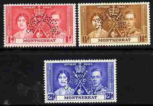 Montserrat 1937 KG6 Coronatio set of 3 perforated SPECIMEN fine with gum and only 415 produced, stamps on , stamps on  stamps on coronation, stamps on  stamps on  kg6 , stamps on  stamps on royalty, stamps on  stamps on specimen